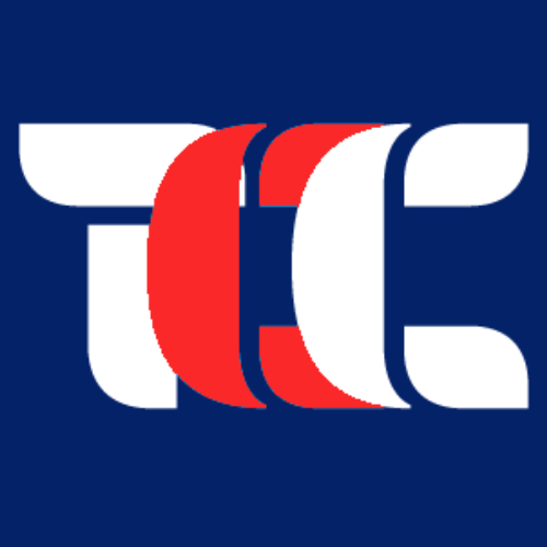 Logo da Mega Monografias - Nome TCC com fundo azul e letras nas cores brancas e vermelha